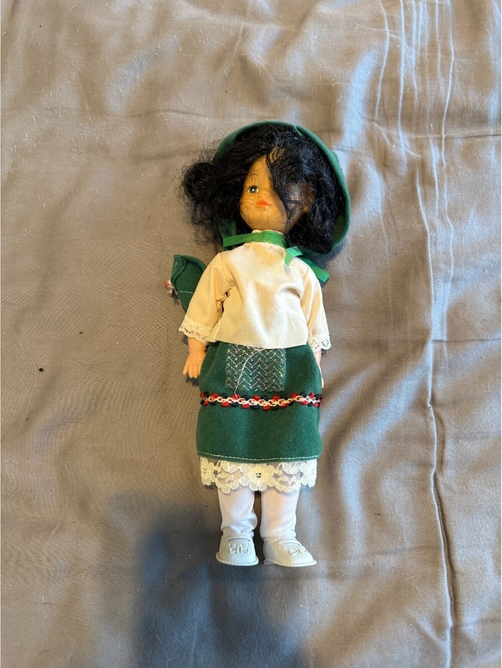 Vintage Vinyl Souvenir Costume Doll Green Felt Skirt Bonnet Dark Hair 12 in Folk